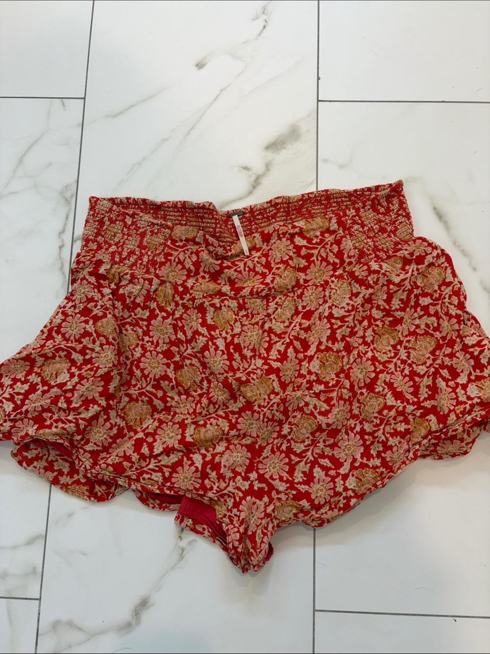 Free People Red Floral High-Waist Shorts with Gold Print